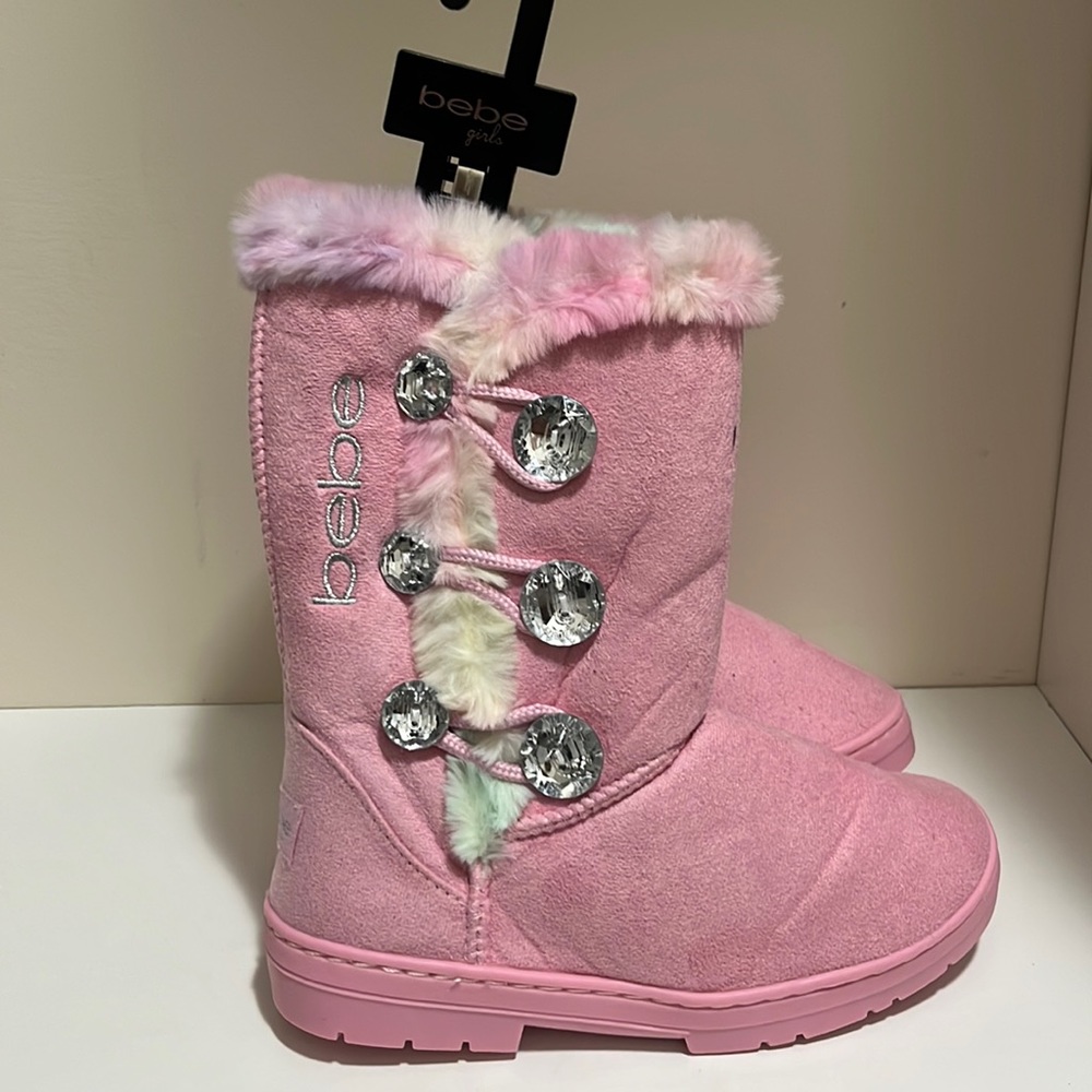 Bebe Rhinestone Button Faux Fur Lined Boot Big Girl